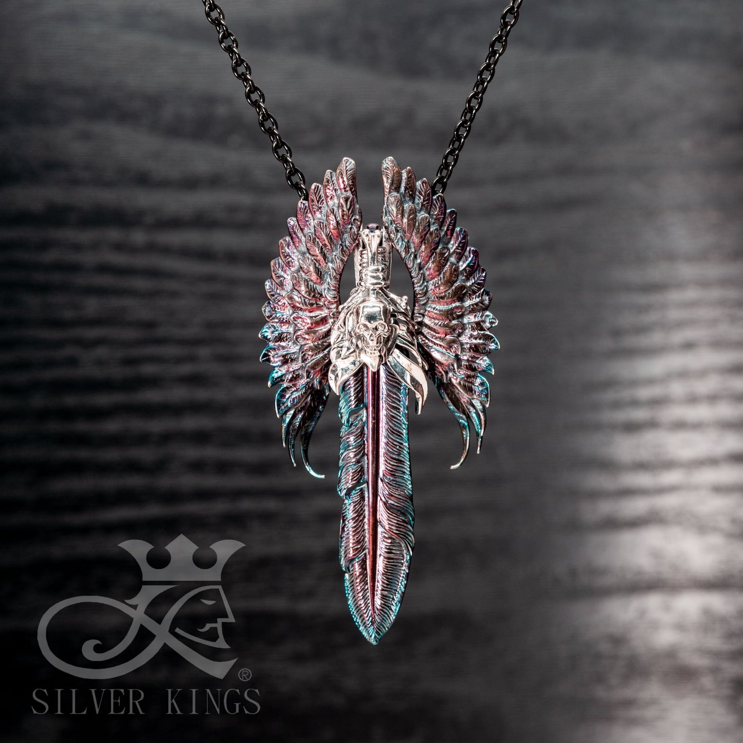 Crow Wings & Feather Pendant with Chain