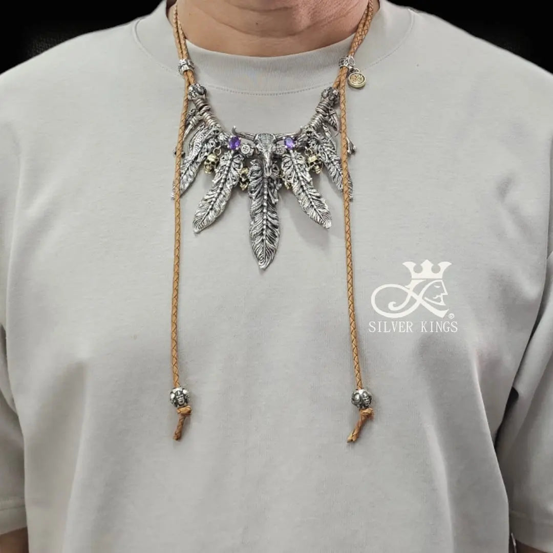 Bison & Crow Feather Pendant set with Chain’