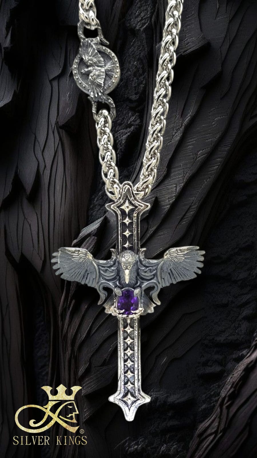 Raven & Cross Pendant (Amethyst)