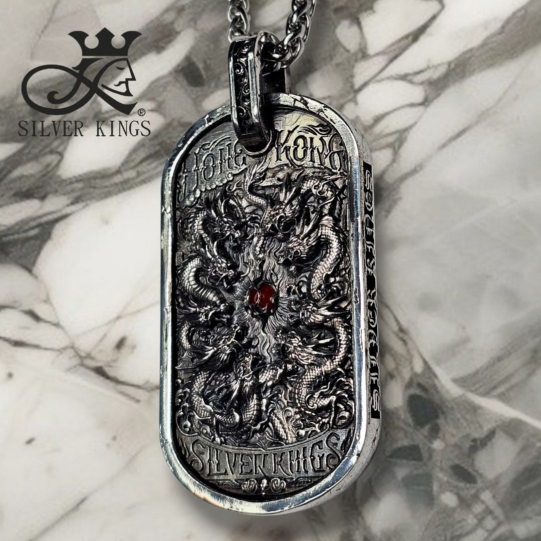 Silver The Nine Dragons Ruled Tag Pendant with Chain)