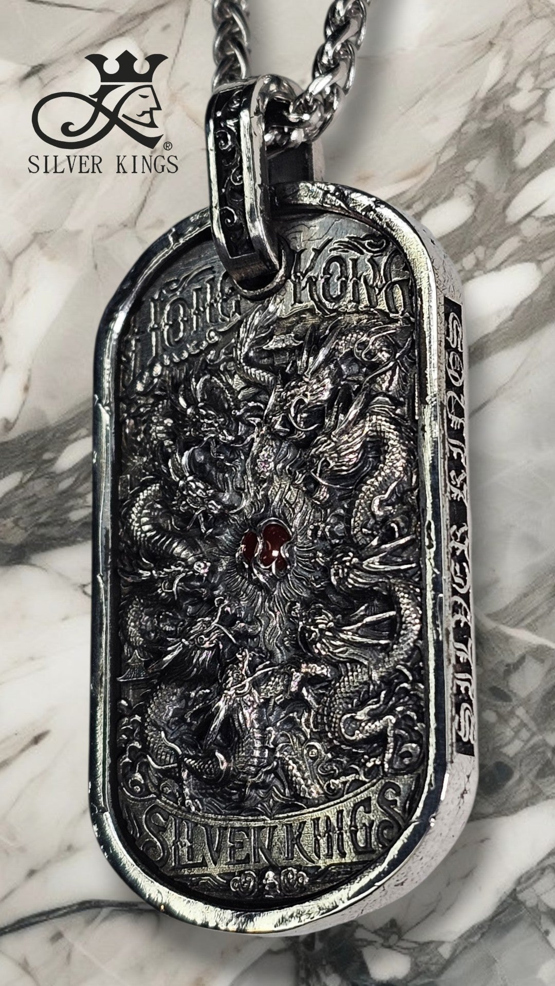 Silver The Nine Dragons Ruled Tag Pendant with Chain)