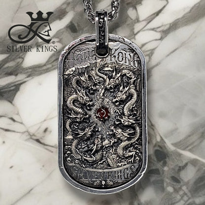 Silver The Nine Dragons Ruled Tag Pendant with Chain)